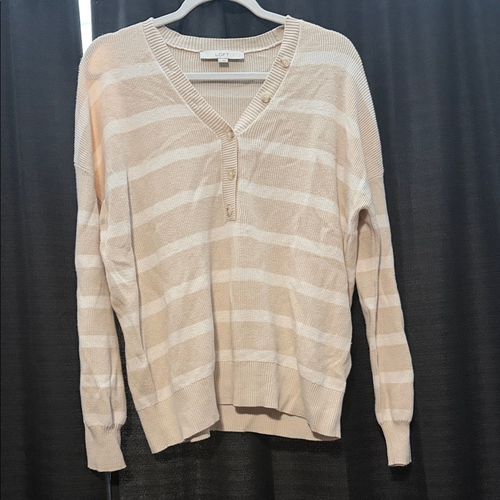 LOFT Beige Striped V-Neck Sweater